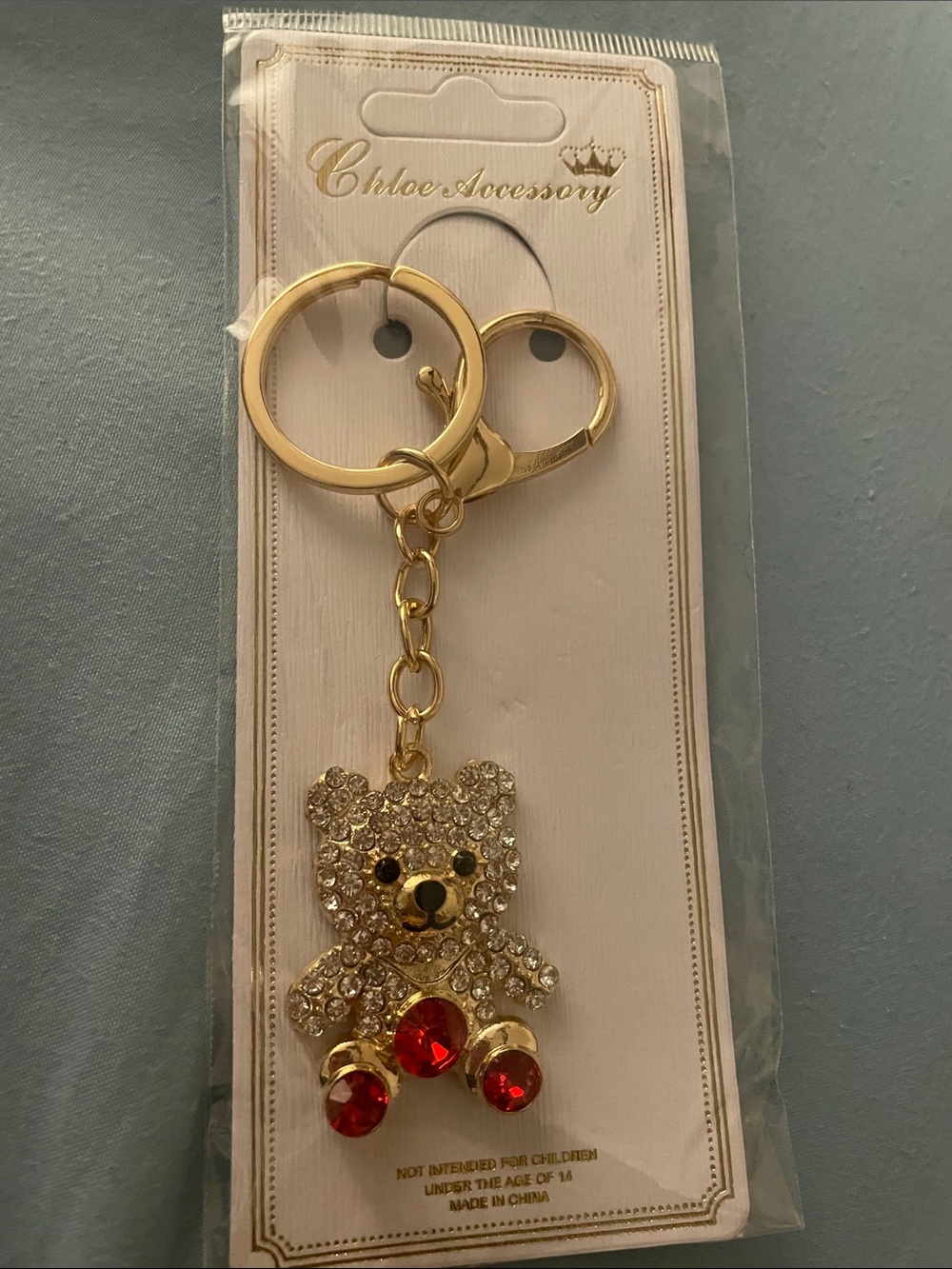Gold Teddy Bear Keychain with Red Crystal Accents
